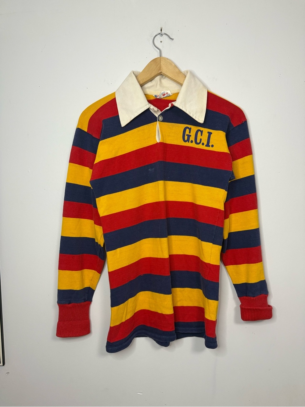 80s G.C.I Striped Rugby Polo Shirt - Red, Yellow & Navy